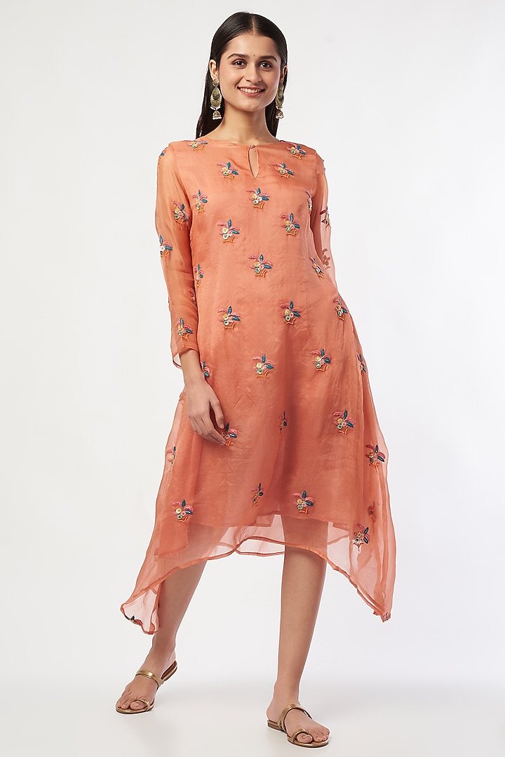 Coral Embroidered Asymmetrical Dress by Bhusattva