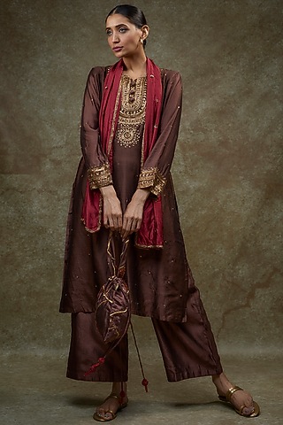 Chocolate Brown Organic Silk Hand Embellished Kurta Set by Bhusattva