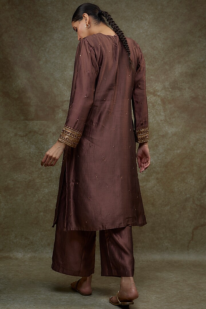 Chocolate Brown Organic Silk Hand Embellished Kurta Set by Bhusattva at Pernia's Pop Up Shop