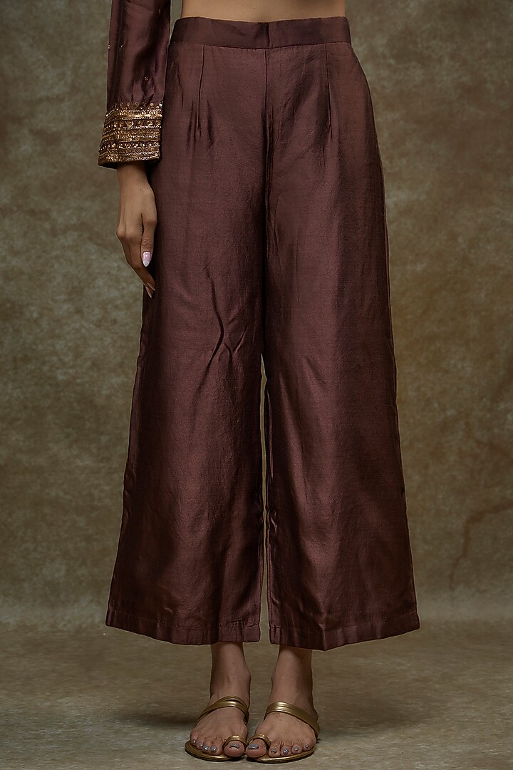 Chocolate Brown Organic Silk Hand Embellished Kurta Set by Bhusattva at Pernia's Pop Up Shop