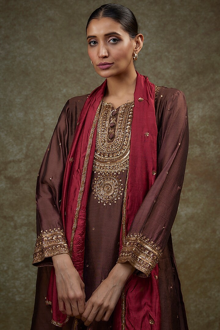 Chocolate Brown Organic Silk Hand Embellished Kurta Set by Bhusattva at Pernia's Pop Up Shop