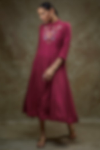 Magenta Pink Organic Milk Fiber Hand Embroidered Dress by Bhusattva