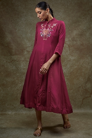 Magenta Pink Organic Milk Fiber Hand Embroidered Dress by Bhusattva