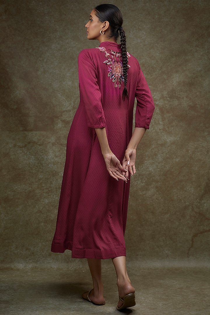 Magenta Pink Organic Milk Fiber Hand Embroidered Vacation Dress by Bhusattva at Pernia's Pop Up Shop