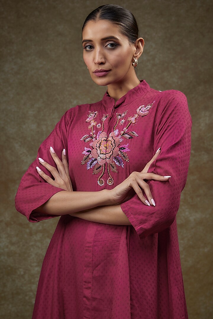 Magenta Pink Organic Milk Fiber Hand Embroidered Vacation Dress by Bhusattva at Pernia's Pop Up Shop
