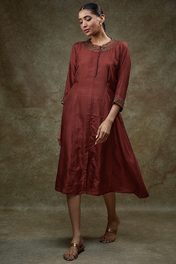 Maroon Organic Silk Embellished Dress by Bhusattva