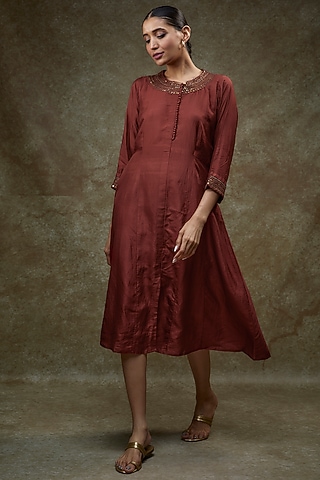 Maroon Organic Silk Embellished Dress by Bhusattva