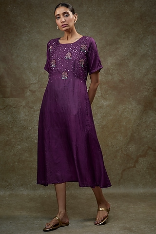 Dark Purple Organic Silk Hand Embroidered Dress by Bhusattva
