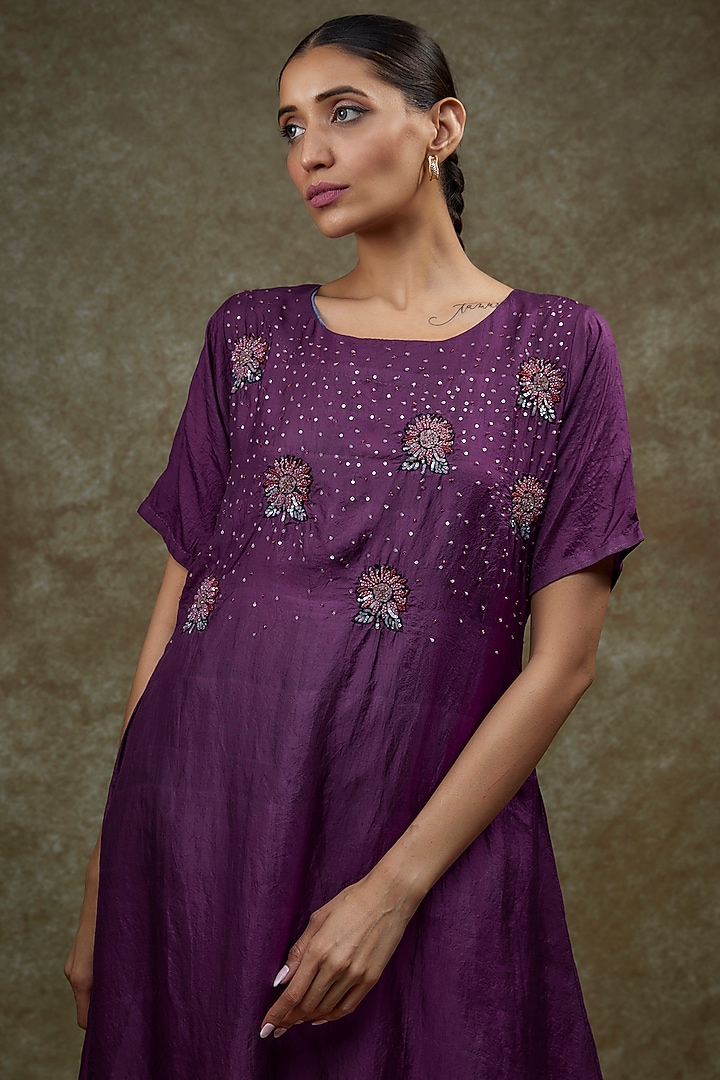 Dark Purple Organic Silk Hand Embroidered Vacation Dress by Bhusattva at Pernia's Pop Up Shop