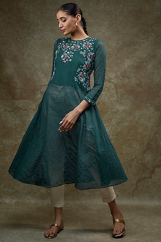 Dark Teal Blue Organic Cotton Silk Hand Embroidered Kurta by Bhusattva