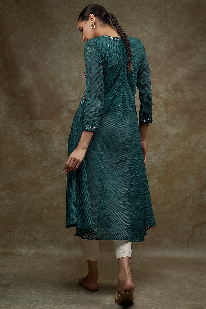 Dark Teal Blue Organic Cotton Silk Hand Embroidered Kurta by Bhusattva at Pernia's Pop Up Shop