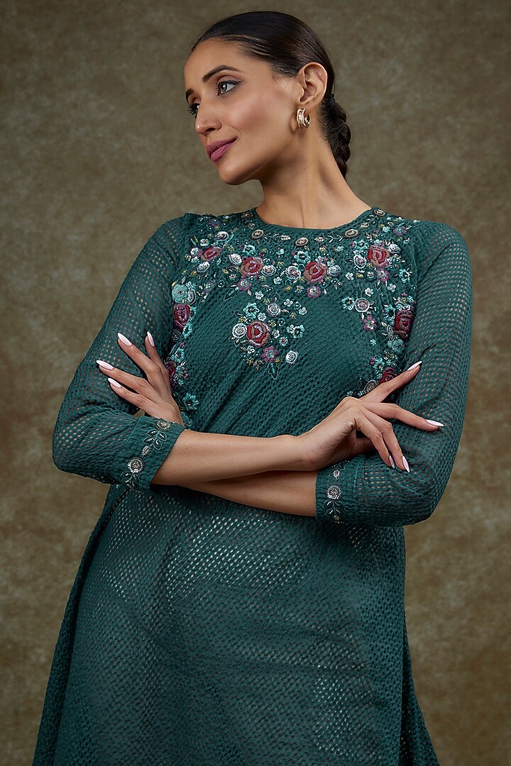 Dark Teal Blue Organic Cotton Silk Hand Embroidered Kurta by Bhusattva at Pernia's Pop Up Shop
