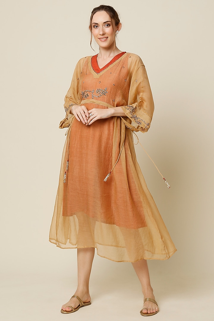 Beige Hand Embroidered Kaftan With Vacation Dress by Bhusattva at Pernia's Pop Up Shop