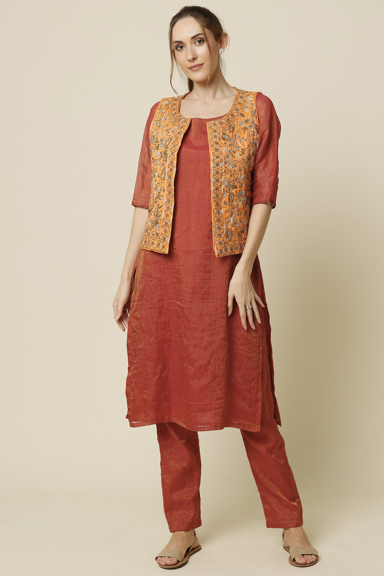 Red Organic Silk Kurta Set With Jacket by Bhusattva at Pernia's Pop Up Shop