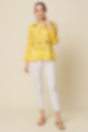 Lemon Yellow Hand Embroidered Shirt by Bhusattva at Pernia's Pop Up Shop