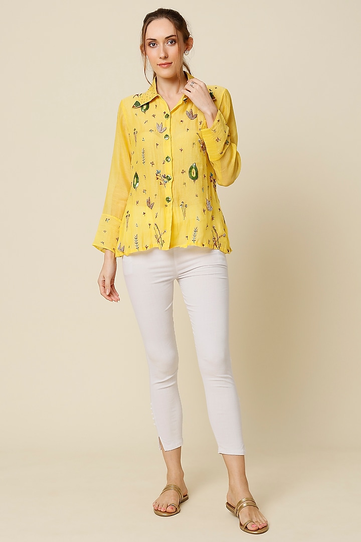 Lemon Yellow Hand Embroidered Shirt by Bhusattva at Pernia's Pop Up Shop