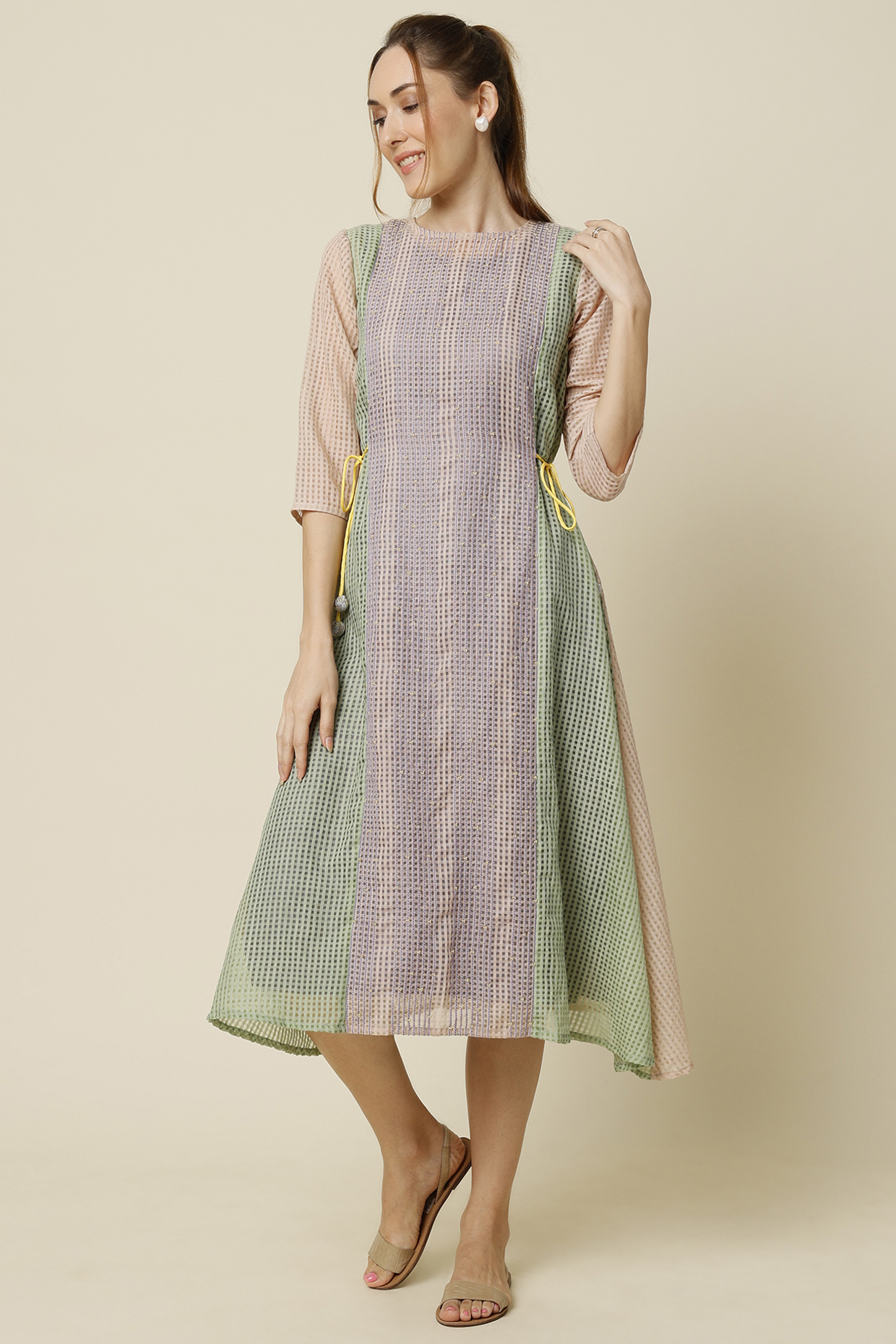 Multi-Coloured Cotton Silk A-line Dress by Bhusattva