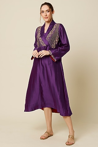 Purple Hand Embroidered Dress by Bhusattva