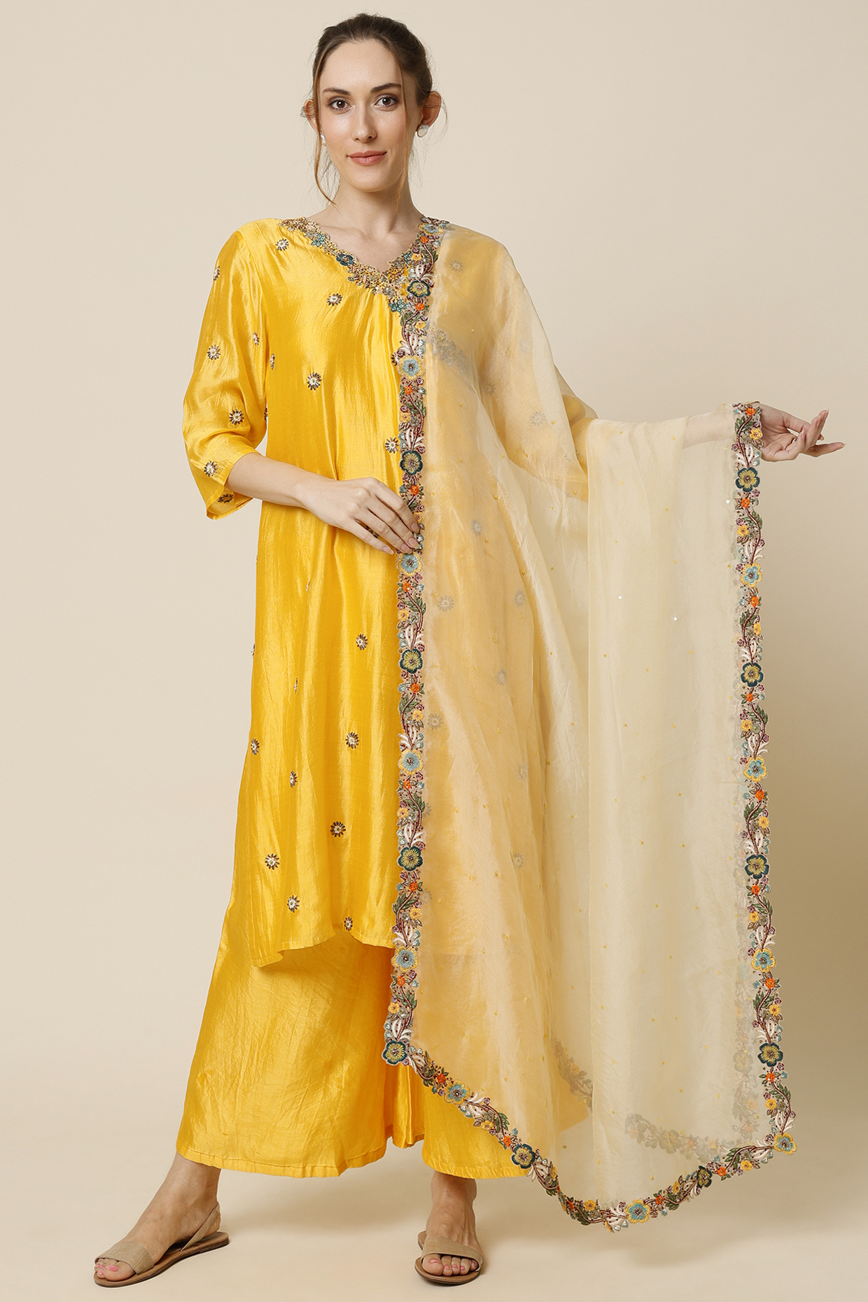 Lemon Yellow Organic Silk Kurta Set by Bhusattva