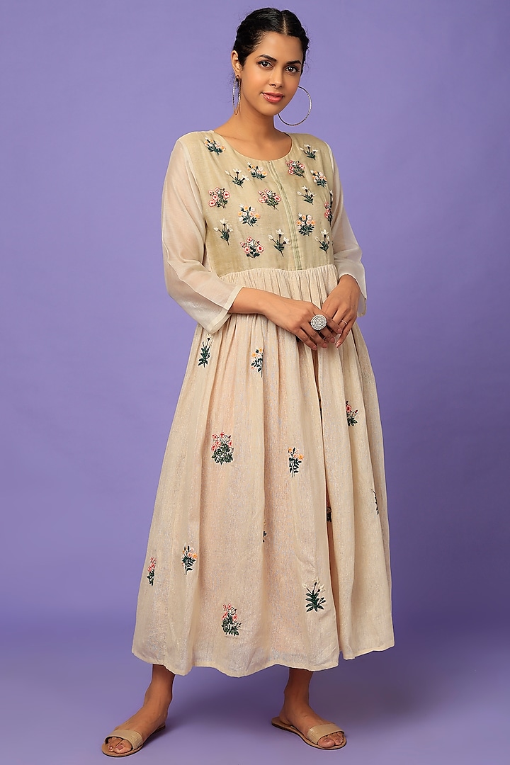 Beige & Pistachio Green Embroidered Dress by Bhusattva at Pernia's Pop Up Shop