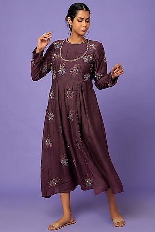 Wine Hand Embroidered Dress by Bhusattva