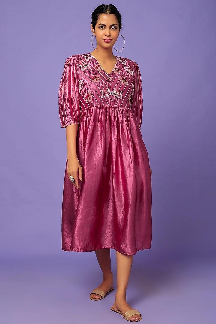 Rose Pink Embroidered Pleated Midi Dress by Bhusattva