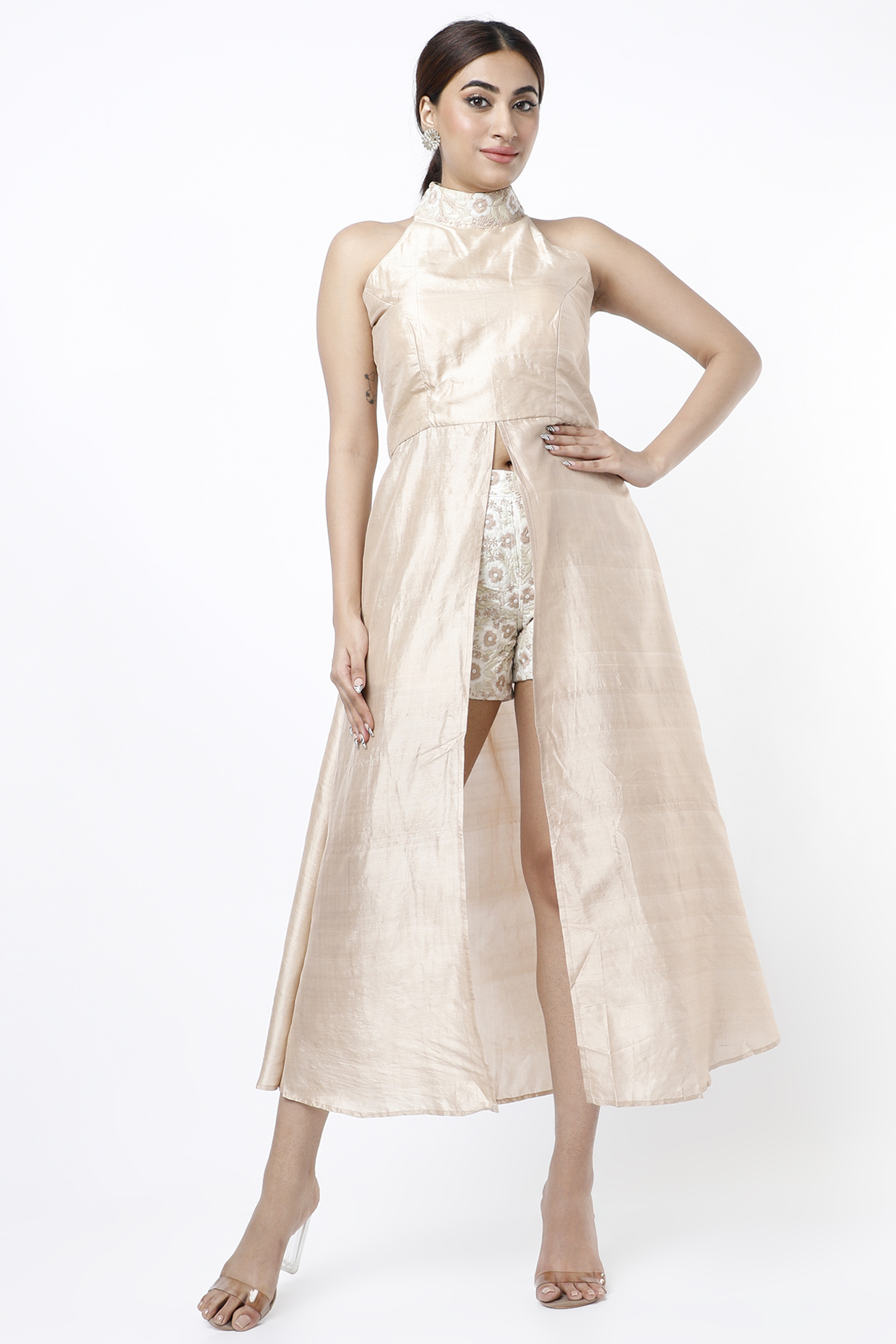 Beige Asymmetrical Tunic Set by Bhusattva at Pernia's Pop Up Shop