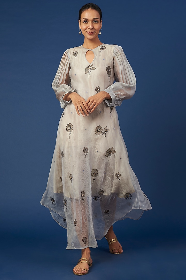Smoke Grey Hand Embroidered Dress by Bhusattva