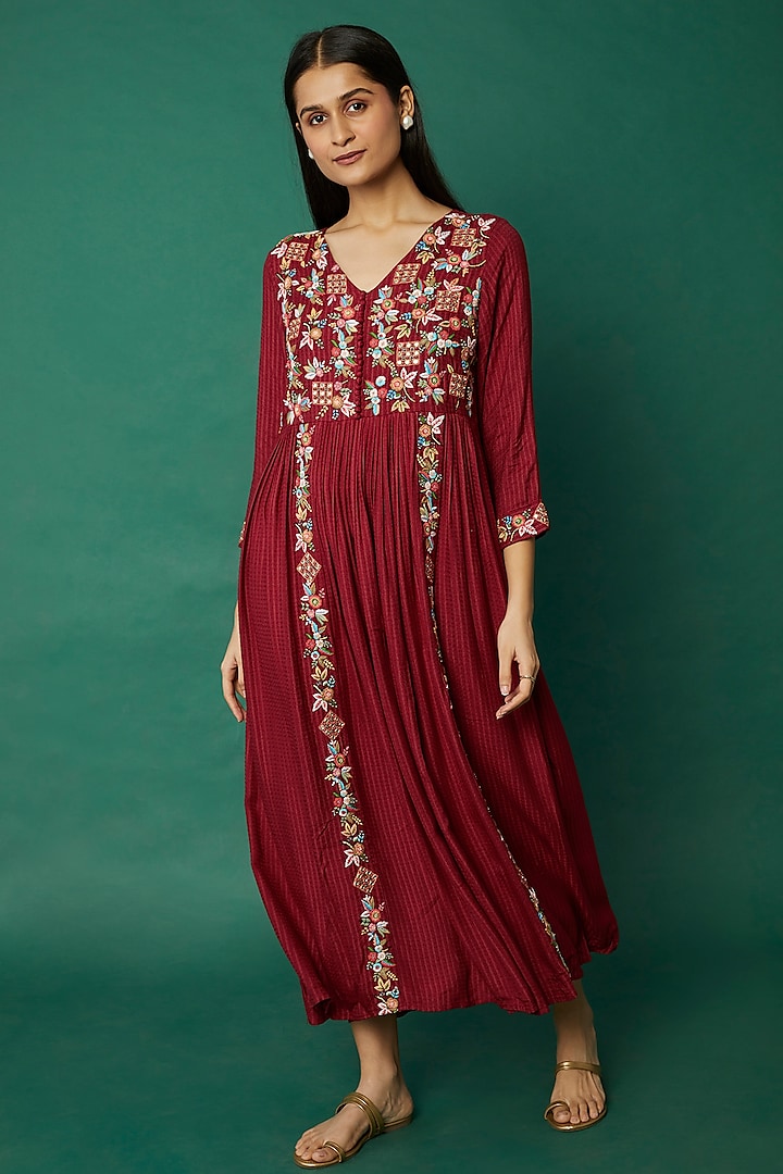 Cherry Red Hand Embroidered Dress by Bhusattva