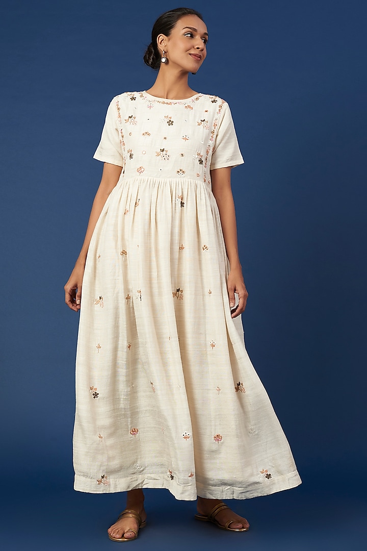 White Organic Silk Embroidered Dress by Bhusattva