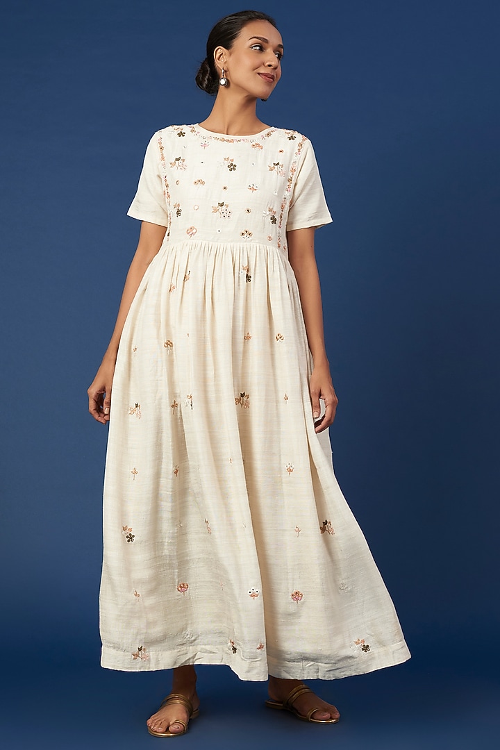 White Organic Silk Embroidered Vacation Dress by Bhusattva at Pernia's Pop Up Shop