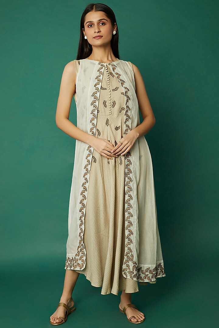 Light Olive Hand Embellished Dress With Shrug by Bhusattva