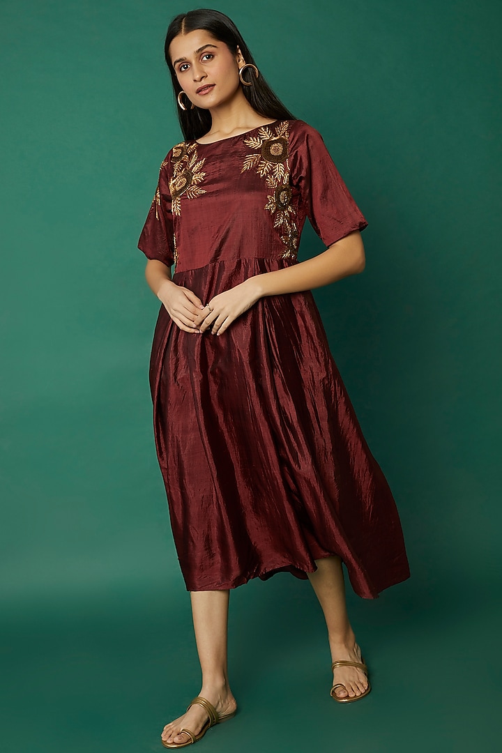 Burgundy Hand Embroidered Dress by Bhusattva