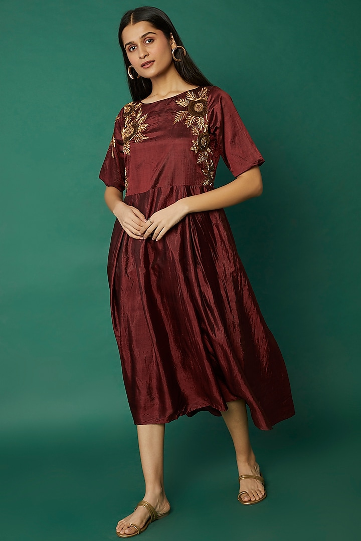 Burgundy Hand Embroidered Dress by Bhusattva at Pernia's Pop Up Shop