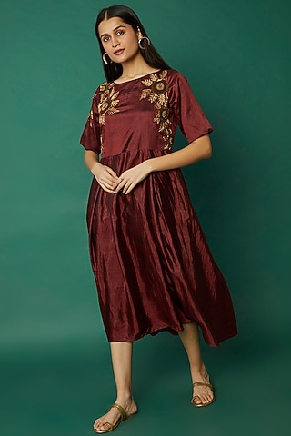 Burgundy Hand Embroidered Dress by Bhusattva