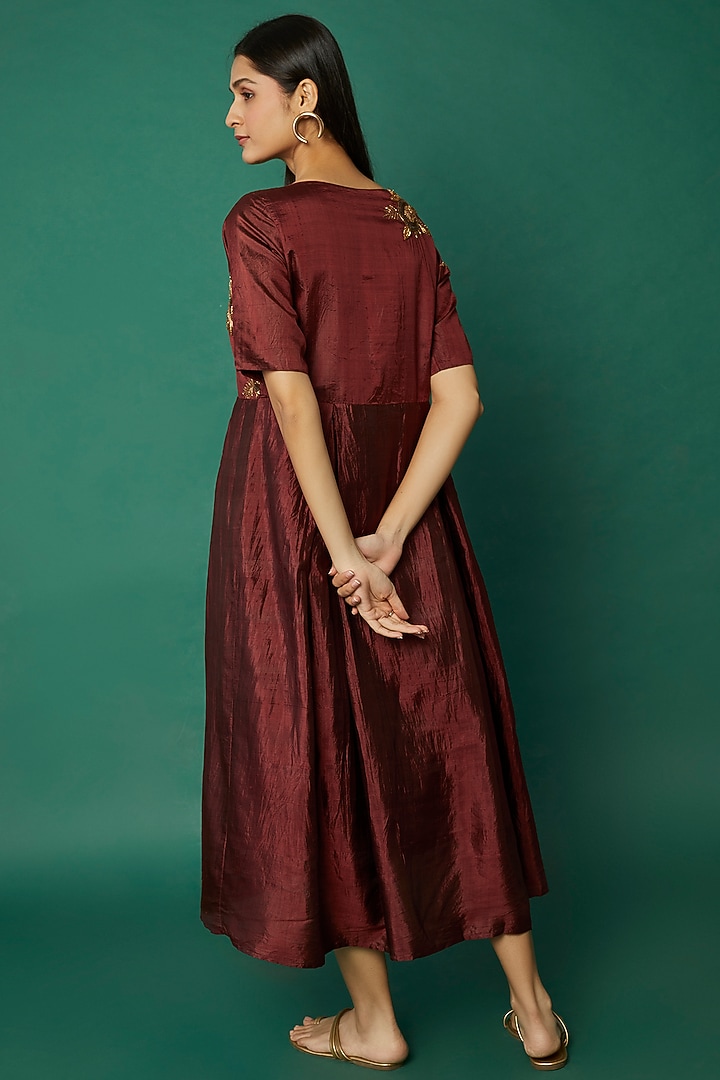 Burgundy Hand Embroidered Vacation Dress by Bhusattva at Pernia's Pop Up Shop