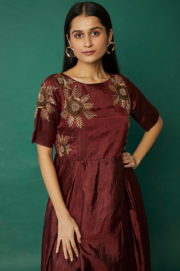 Burgundy Hand Embroidered Vacation Dress by Bhusattva at Pernia's Pop Up Shop