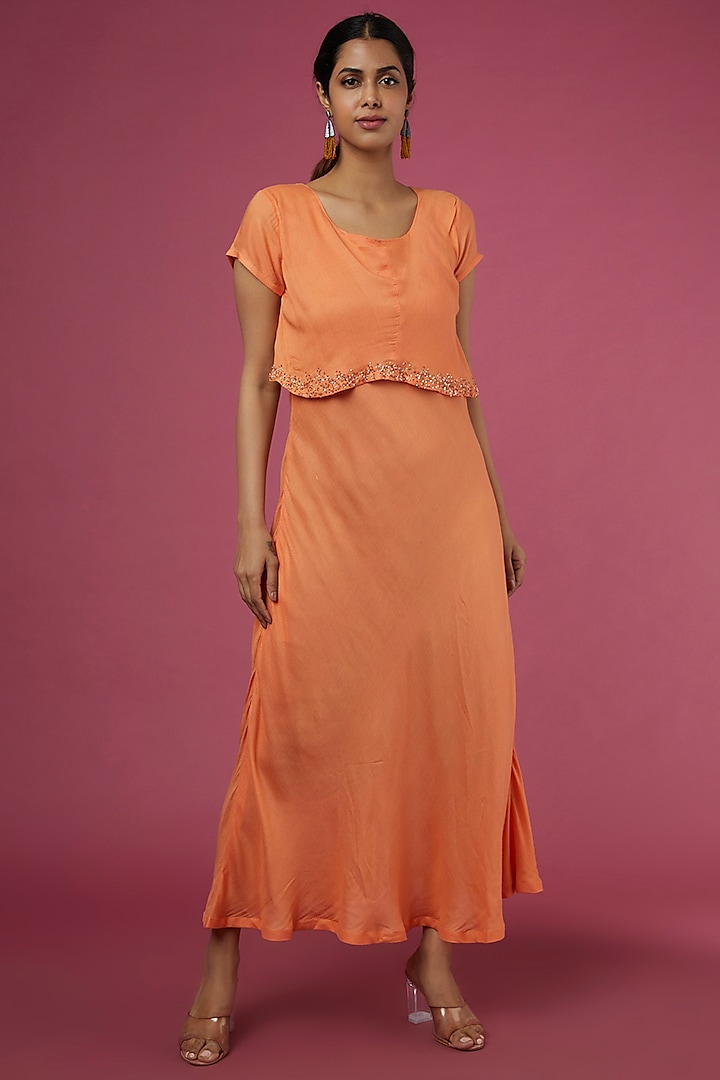 Peach Hand Embroidered Dress by Bhusattva at Pernia's Pop Up Shop