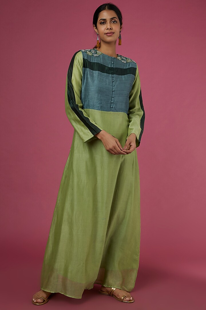 Pistachio Green Hand Embroidered Maxi Summer Dress by Bhusattva at Pernia's Pop Up Shop