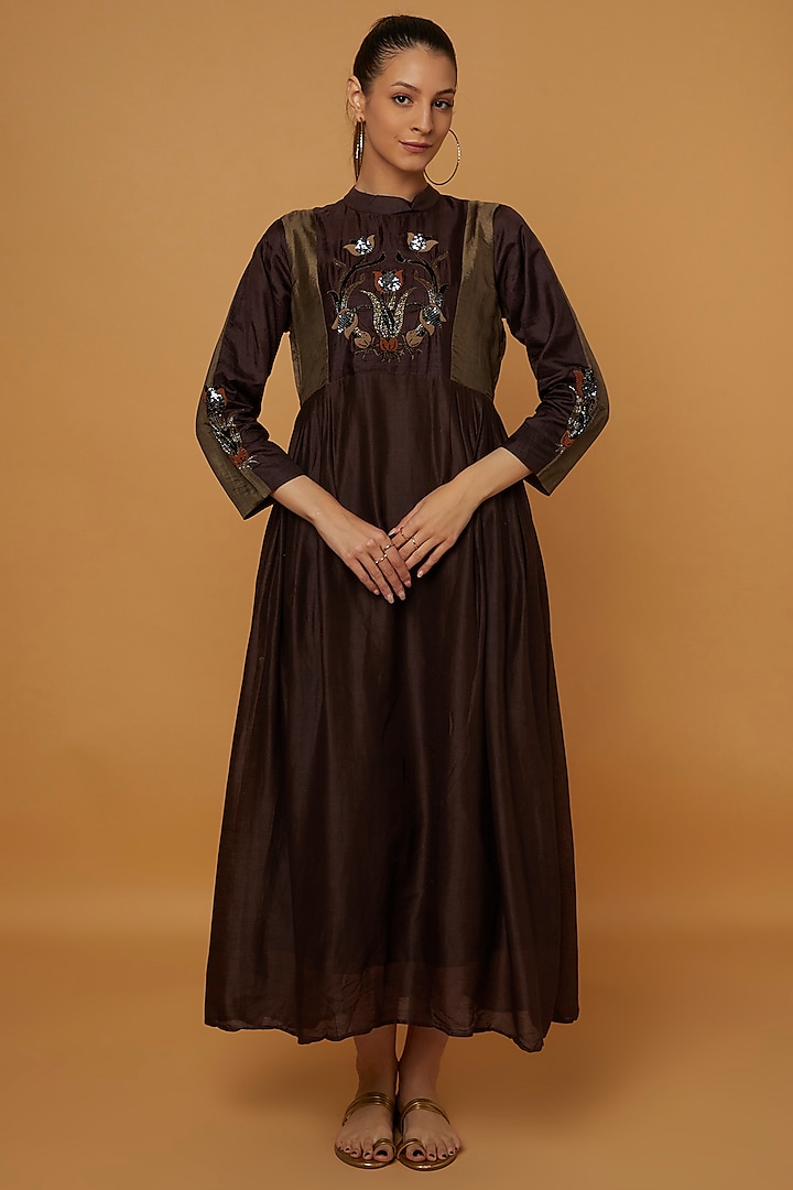 Dark Burgundy Hand Embroidered Dress by Bhusattva