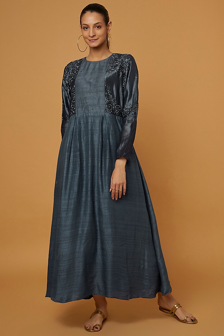 Midnight Blue Embroidered Dress by Bhusattva