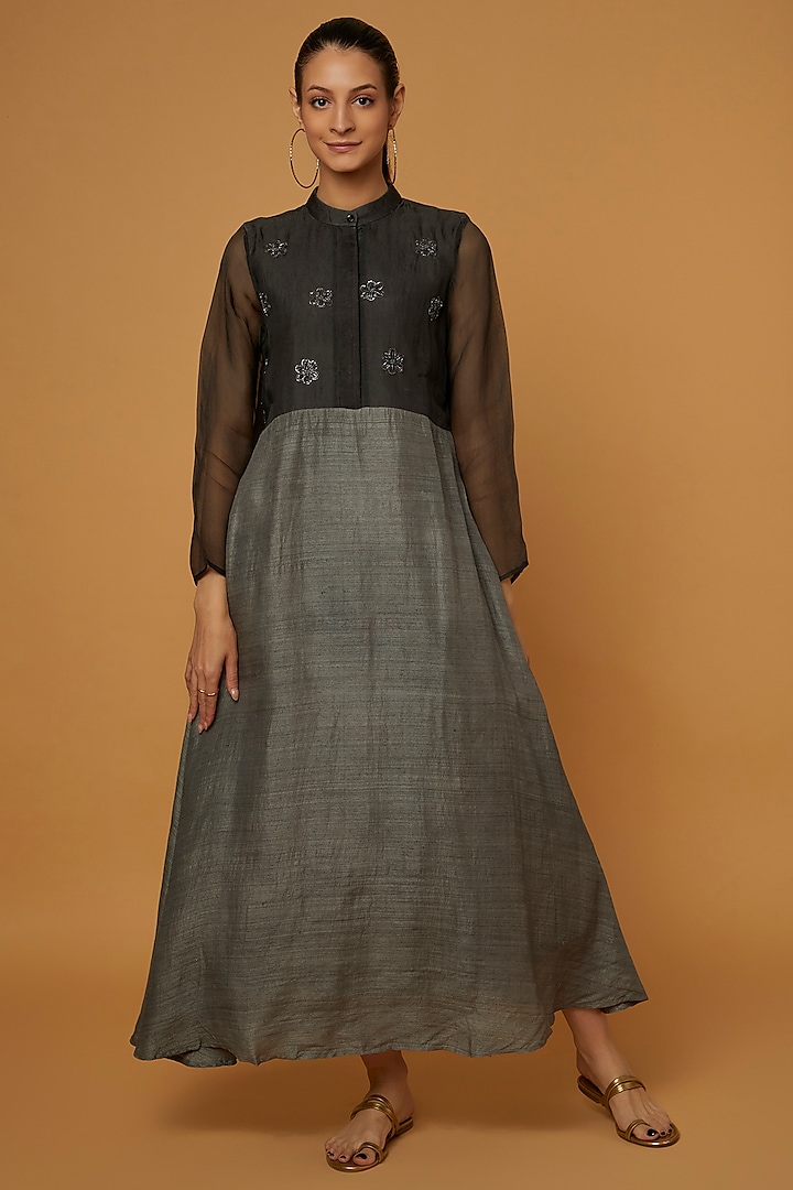 Black Embroidered A-Line Dress by Bhusattva