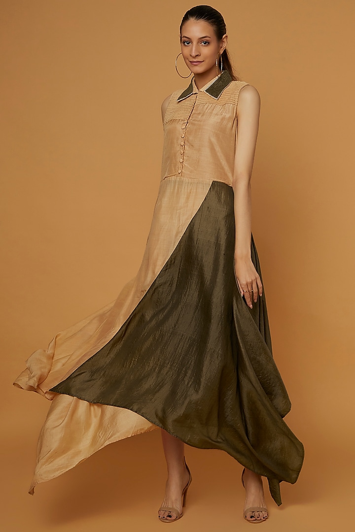 Beige & Dark Olive Organic Silk Dress by Bhusattva