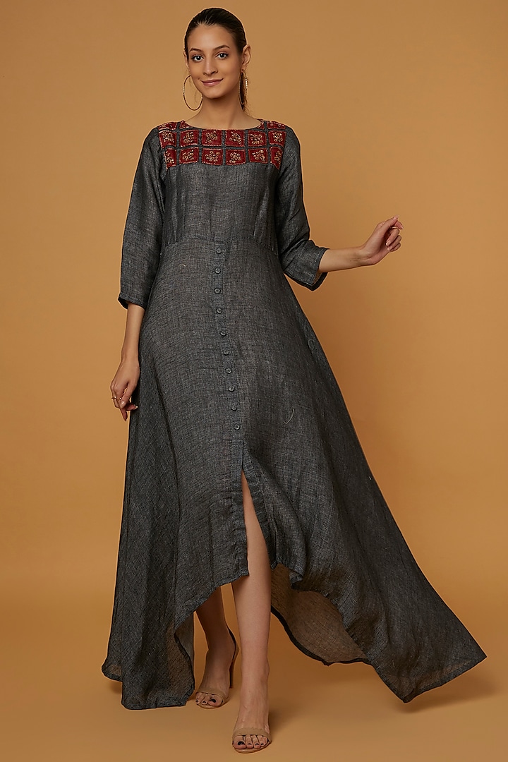 Charcoal Blue Embroidered Dress by Bhusattva