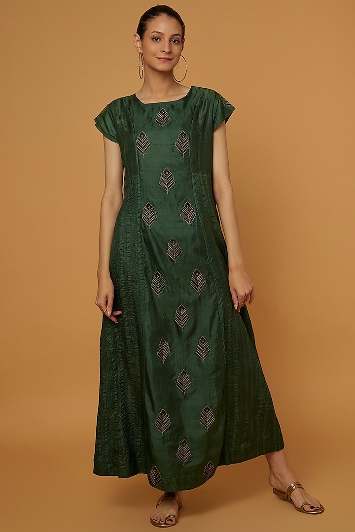 Bottle Green Organic Silk Dress by Bhusattva