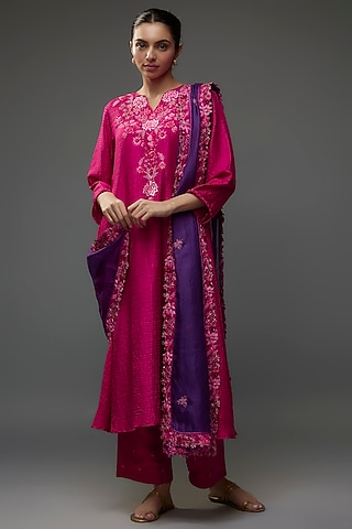 Magenta pink Organic Silk Zardosi Hand Embroidered Kurta set by Bhusattva