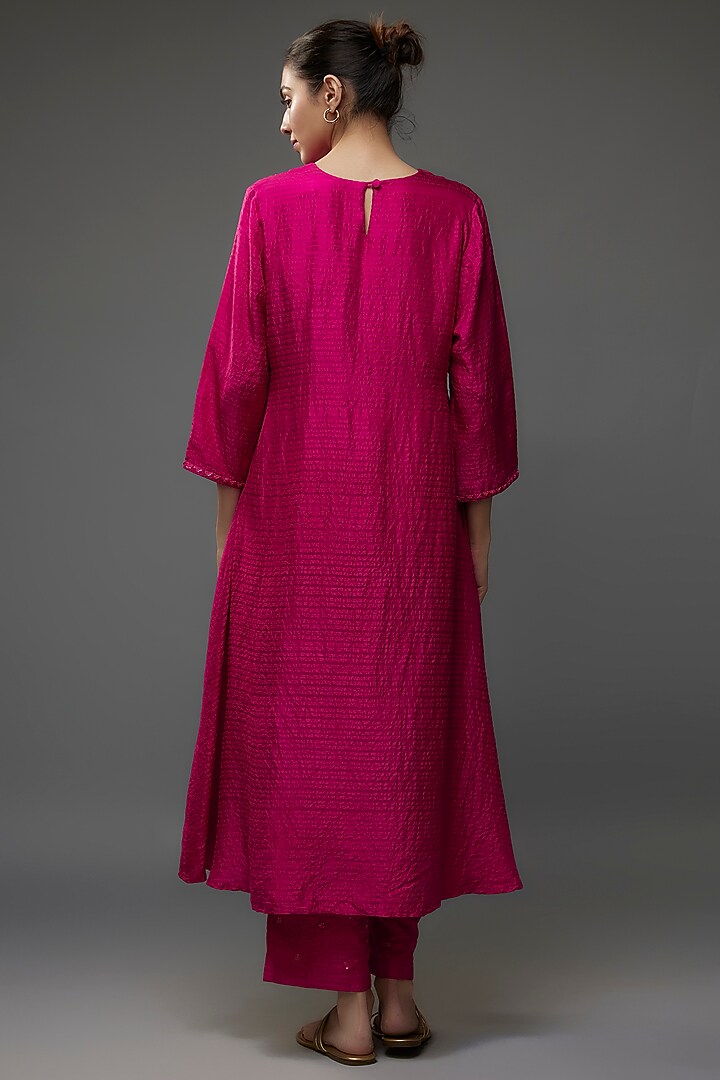 Magenta pink Organic Silk Zardosi Hand Embroidered Kurta set by Bhusattva at Pernia's Pop Up Shop