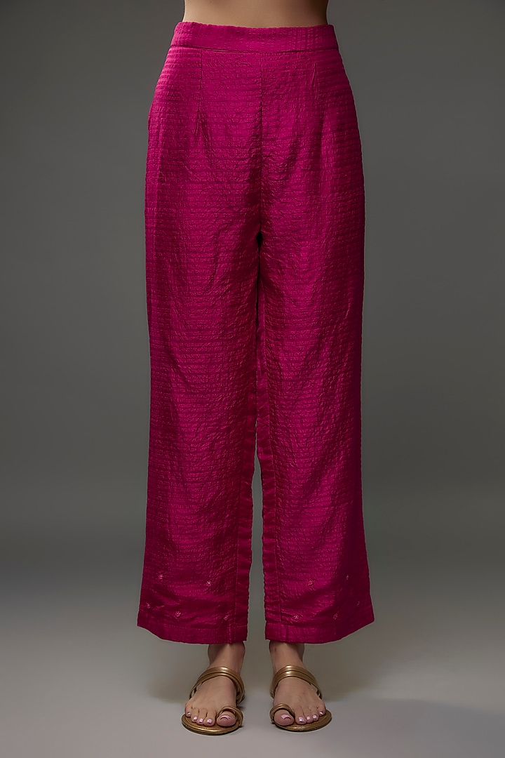 Magenta pink Organic Silk Zardosi Hand Embroidered Kurta set by Bhusattva at Pernia's Pop Up Shop