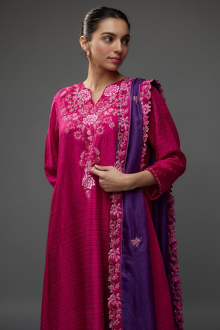Magenta pink Organic Silk Zardosi Hand Embroidered Kurta set by Bhusattva at Pernia's Pop Up Shop