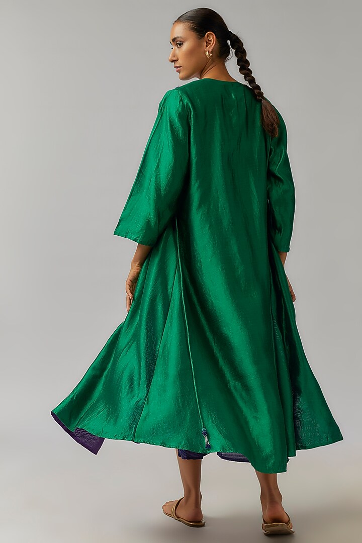 Forest Green Organic Silk Hand Embroidered Angrakha Jacket Cocktail Dress by Bhusattva at Pernia's Pop Up Shop